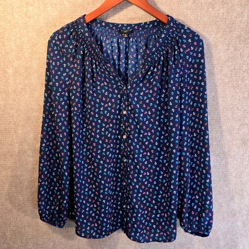 Talbots Petite Medium Navy Blue Anchor Print Button Front Blouse Smocked‎ V-Neck